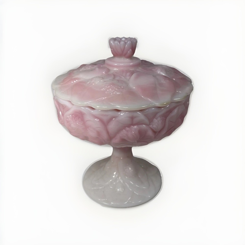 Fenton Pink Rosalene Water Lily Pedestal Candy Dish With Lid Compote Glass 6.75"